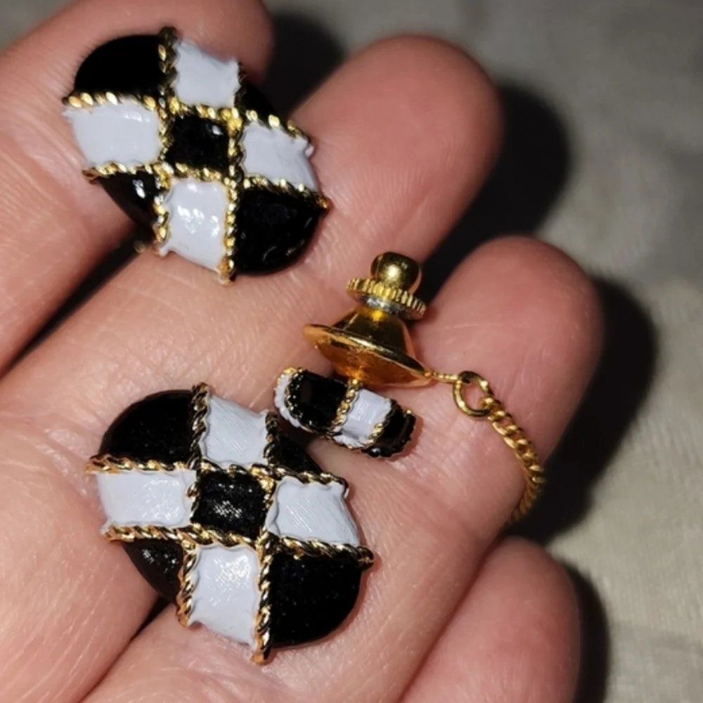 DANTE Rare Vintage Black & White Harlequin Enamel Cufflinks & Tie Tack Set